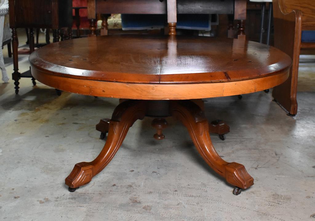 Exquisite Late 19th C. Inlaid Burl Walnut Oval Coffee Table with Acanthus Carved Knees, Caster Feet