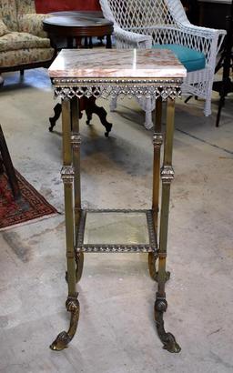 Lovely Antique Brass Marble Top Stand with Stylized Dolphin & Shell Feet