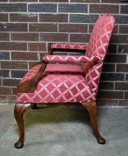 Handsome Red & Latticework Upholstered Antique Carved Walnut Arm Chair