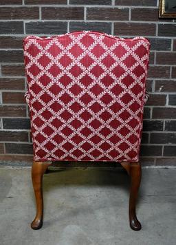 Handsome Red & Latticework Upholstered Antique Carved Walnut Arm Chair