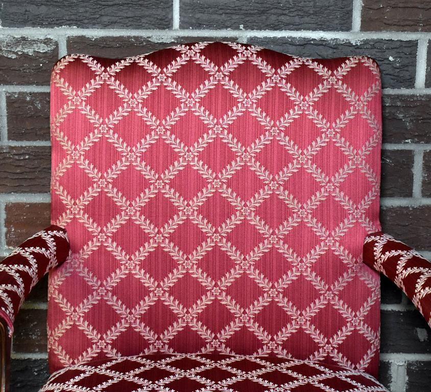 Handsome Red & Latticework Upholstered Antique Carved Walnut Arm Chair