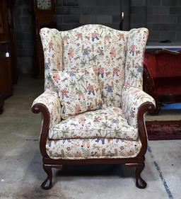 Vintage Queen Anne Style Wing Chair with Oriental Upholstery