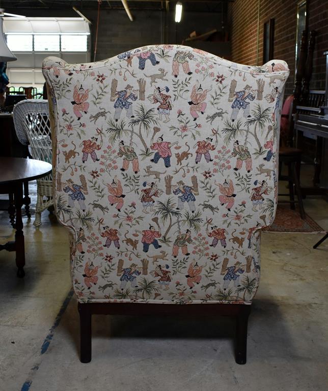 Vintage Queen Anne Style Wing Chair with Oriental Upholstery