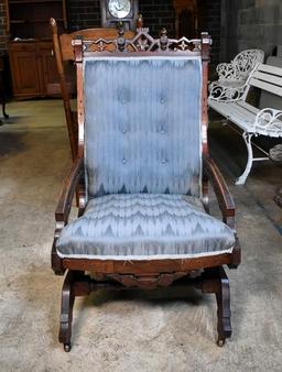 Antique Eastlake Walnut Platform Rocker, Reupholstered in Blue Flame Stitch Upholstery