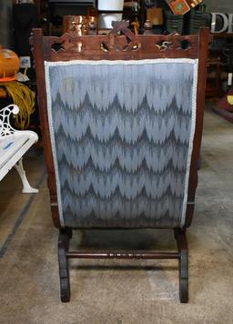 Antique Eastlake Walnut Platform Rocker, Reupholstered in Blue Flame Stitch Upholstery