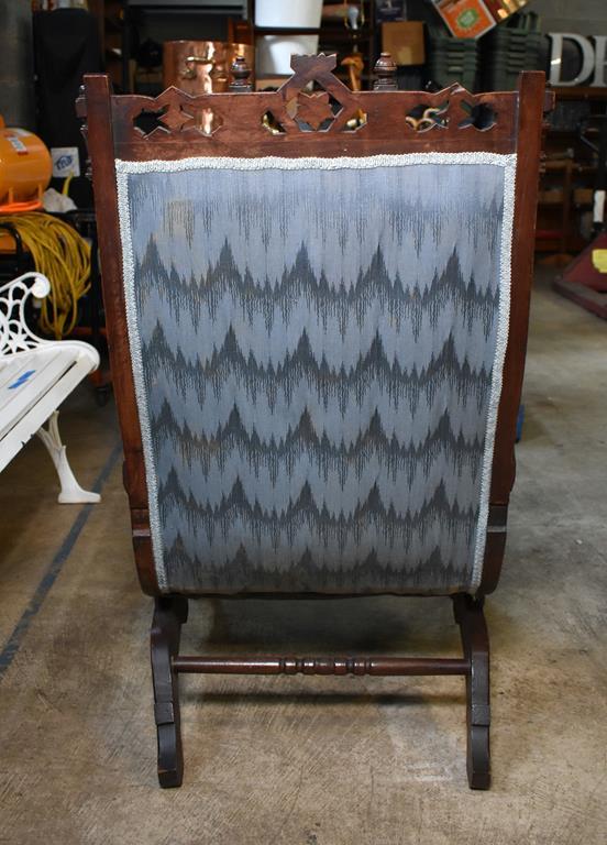 Antique Eastlake Walnut Platform Rocker, Reupholstered in Blue Flame Stitch Upholstery