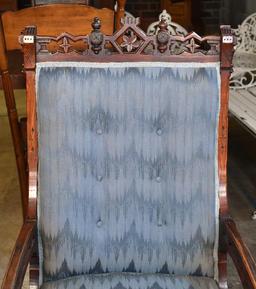 Antique Eastlake Walnut Platform Rocker, Reupholstered in Blue Flame Stitch Upholstery