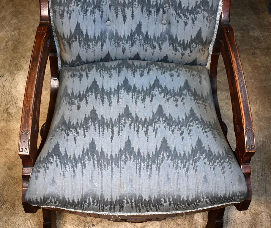 Antique Eastlake Walnut Platform Rocker, Reupholstered in Blue Flame Stitch Upholstery