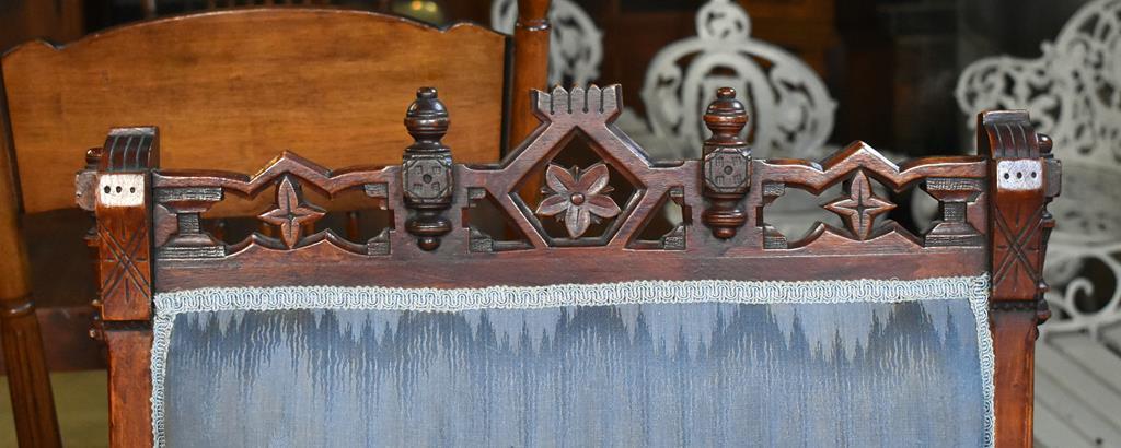 Antique Eastlake Walnut Platform Rocker, Reupholstered in Blue Flame Stitch Upholstery