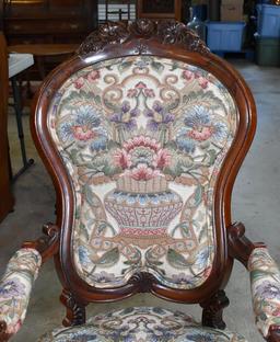 Beautiful Tapestry Upholstered Antique Carved Walnut Armchair