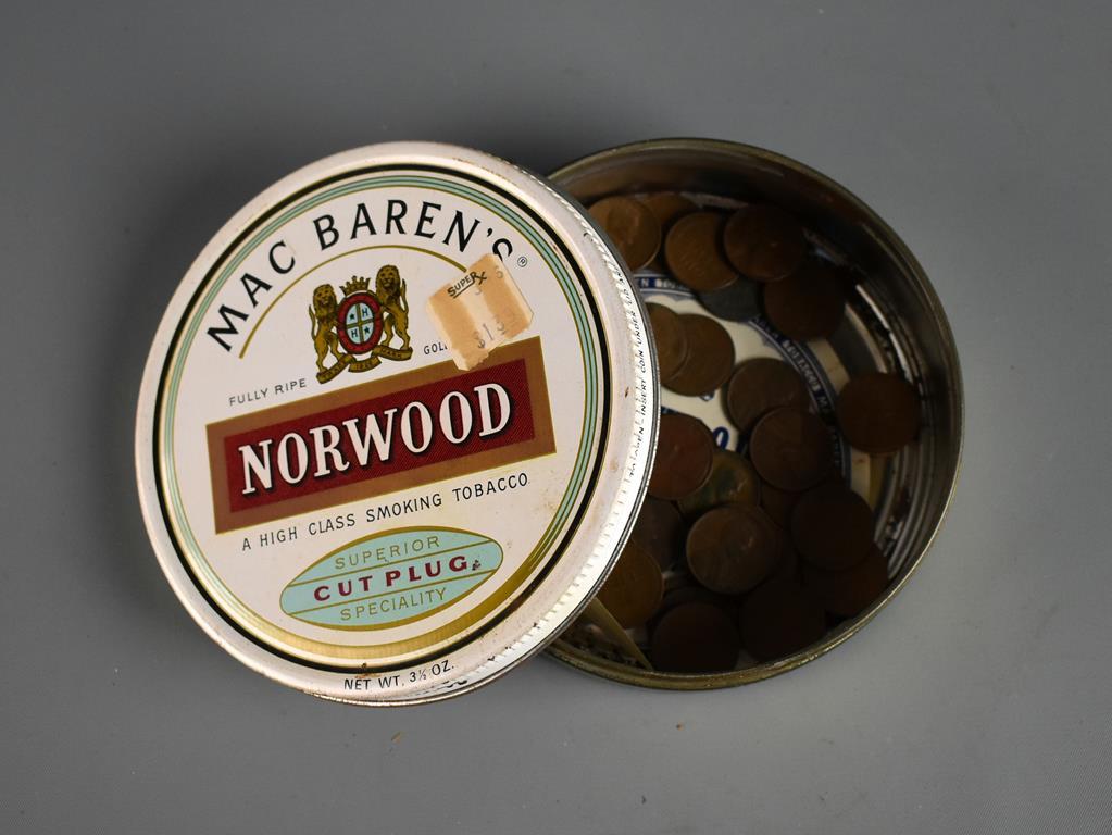Lot of 43 Wheat Pennies in MacBaren's Norwood Tobacco Tin