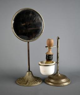 Antique Shaving Items: Mirror on Stand, Cup & Stand with Brush