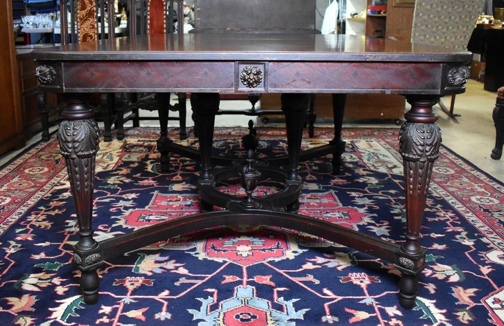 Antique Baroque Style Marquetry Decorated Walnut Dining Table with Urn Ornaments