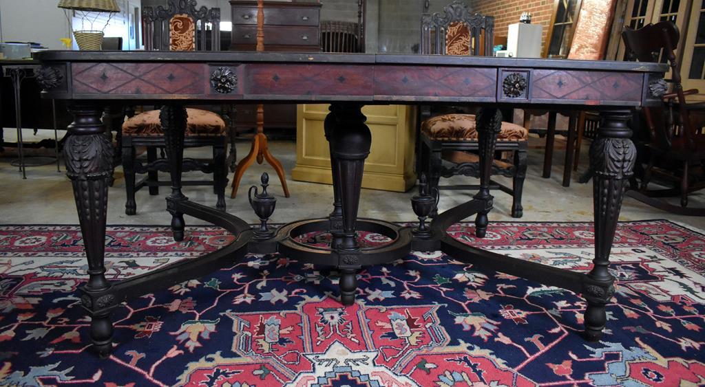 Antique Baroque Style Marquetry Decorated Walnut Dining Table with Urn Ornaments
