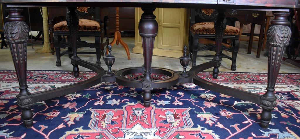 Antique Baroque Style Marquetry Decorated Walnut Dining Table with Urn Ornaments
