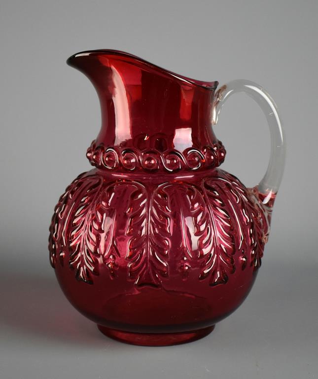 Vintage Ruby Red Glass Pitcher with Crystal Handle