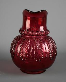 Vintage Ruby Red Glass Pitcher with Crystal Handle