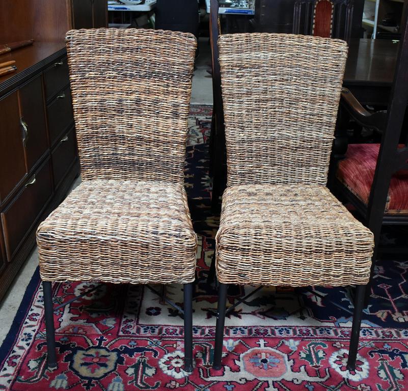 Pair of Rattan Dining Chairs with Black Metal Legs