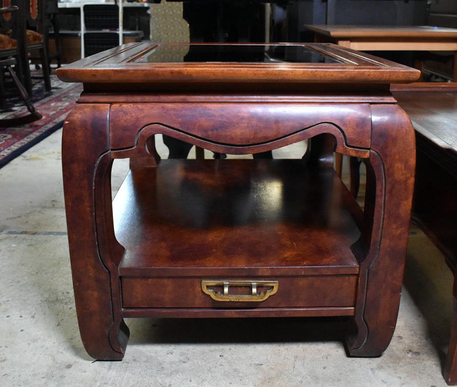 Vintage End Table with Glass Top, Lower Drawer