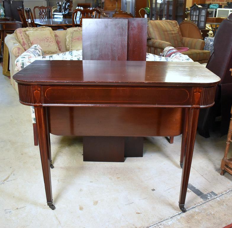 Vintage Satinwood Inlaid Mahogany Hepplewhite Drop Leaf Dining Table with Extension Leaves