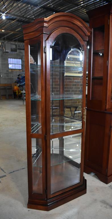 Tall Contemporary Mahogany & Glass Lighted Corner Curio Cabinet, Beveled Glass Door, 5 Shelves