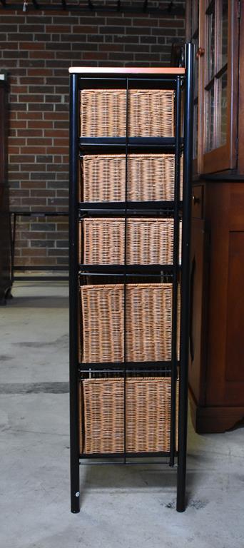 Sliding Graduated Basket Shelves (5) Stand, Oak Top, Black Metal Frame