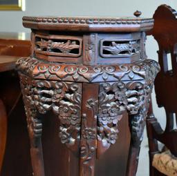 Vintage Asian Carved Mahogany & Marble Octagonal Plant Stand