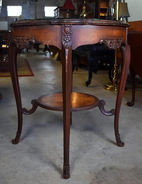 Vintage Round Carved Parlor Table, Burl Top with Protective Glass Top Cover