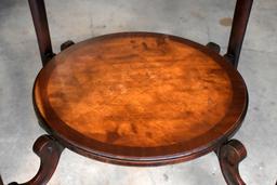 Vintage Round Carved Parlor Table, Burl Top with Protective Glass Top Cover