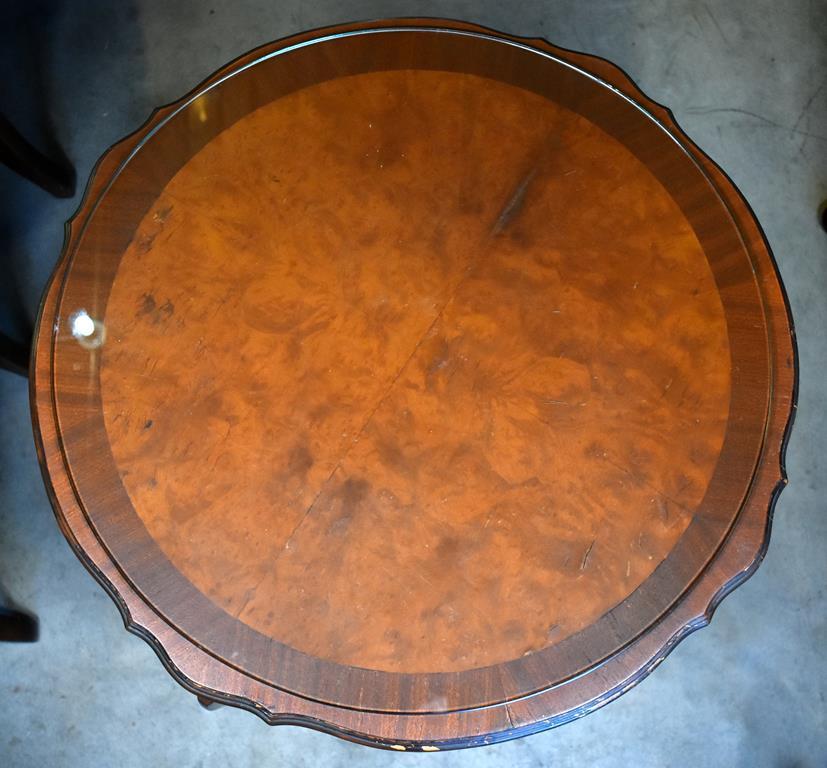 Vintage Round Carved Parlor Table, Burl Top with Protective Glass Top Cover