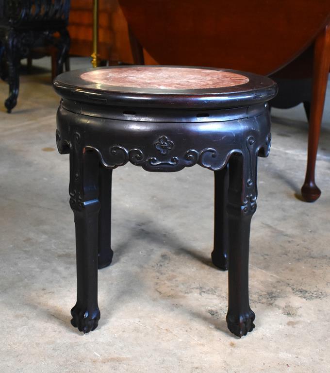 Vintage Asian Carved Rosewood & Marble Octagonal Side Table