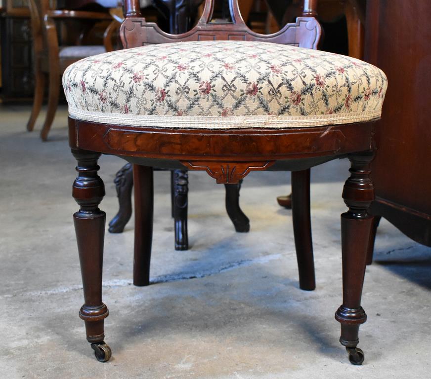 19th C. Victorian Eastlake Mahogany Hall Chair with Upholstered Seat & Front Casters