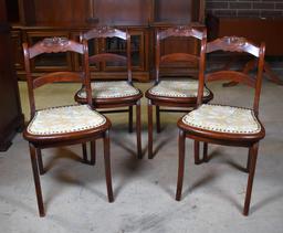 Four Victorian Mahogany Side Dining Chairs, Rose Carved Crest Rail, Stud Trimmed Seats