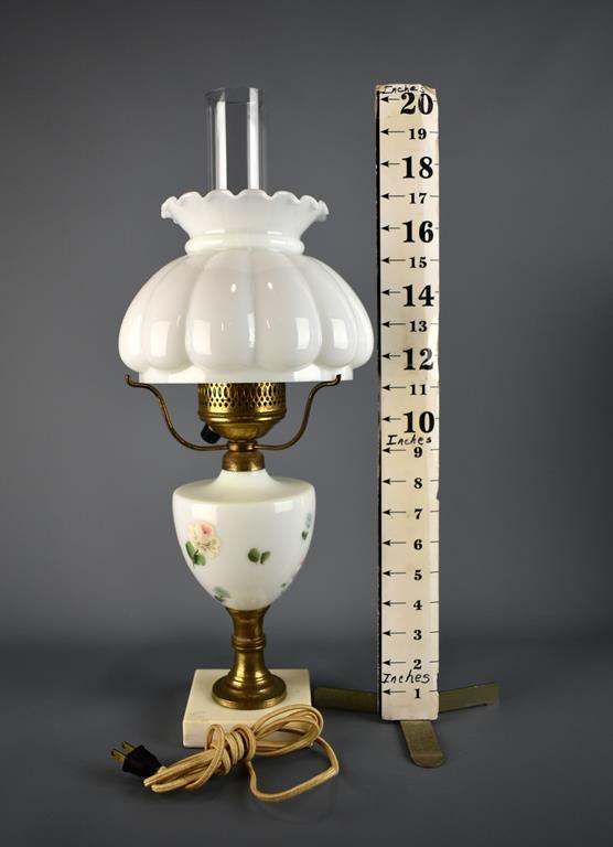 Pair of Vintage Farmhouse Oil Lamp Style Hand Painted Milk Glass Electric Table Lamps