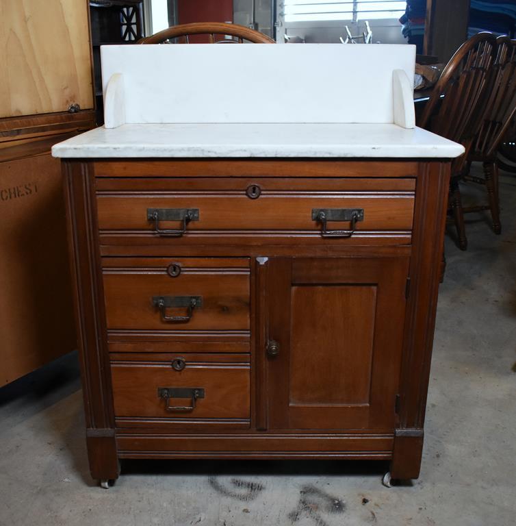 Antique Eastlake Marble Top Walnut Wash Stand, Ceramic Caster Feet