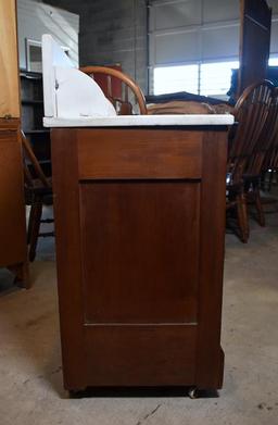 Antique Eastlake Marble Top Walnut Wash Stand, Ceramic Caster Feet