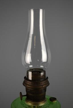 Lovely Antique Aladdin Model B Oil Lamp with Green Glass Font/Base & Hand Painted Glass Shade