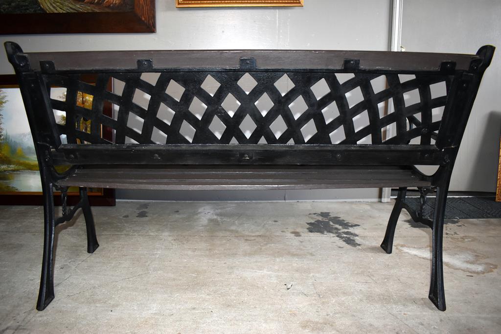 Vintage Black Cast Iron & Wooden Slat Outdoor Bench