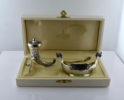 Vintage David Andersen Norway Sterling Silver Viking Boat & Horn Salt Set with Case