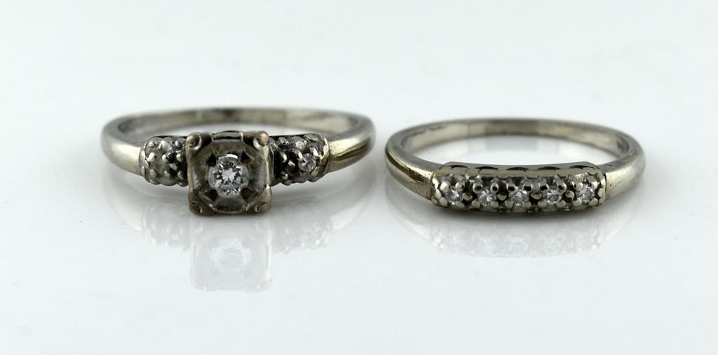 Estate Vintage Mid-Century 14K White Gold & Diamond Bridal Set, Size 6.5