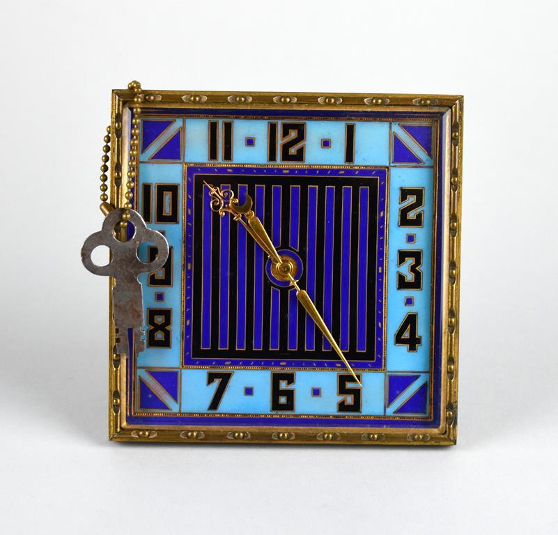 Art Deco Period Enamelel Dial & Brass Case 4” Square Swiss-Made Desk Clock with Time-Setting Key