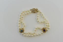 14K Gold Double Strand Pearl 7” Bracelet with Blue Topaz & Purple Spinel Charms