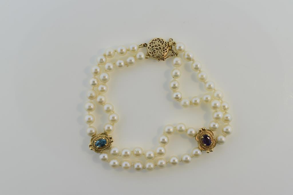 14K Gold Double Strand Pearl 7” Bracelet with Blue Topaz & Purple Spinel Charms