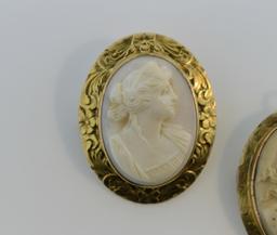 Two Classical Late 19th C 10K Gold Framed Hardstone Cameos