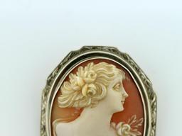 Antique Early 20th C 14K White Gold Frame Shell Cameo Habille with Diamond