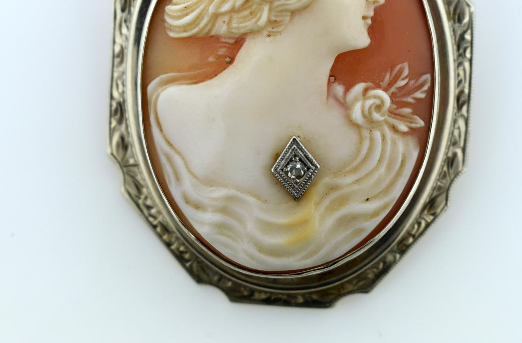 Antique Early 20th C 14K White Gold Frame Shell Cameo Habille with Diamond