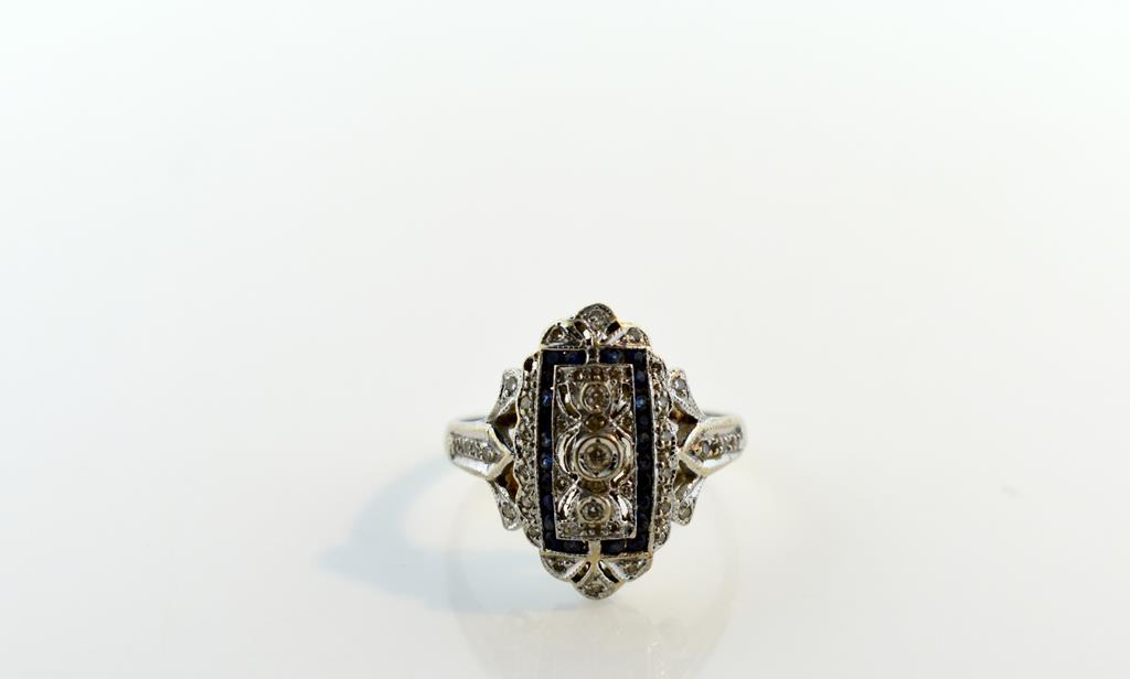 Antique Art Deco Estate Diamond, Sapphire, and 14K White Gold Ring, Size 7.25