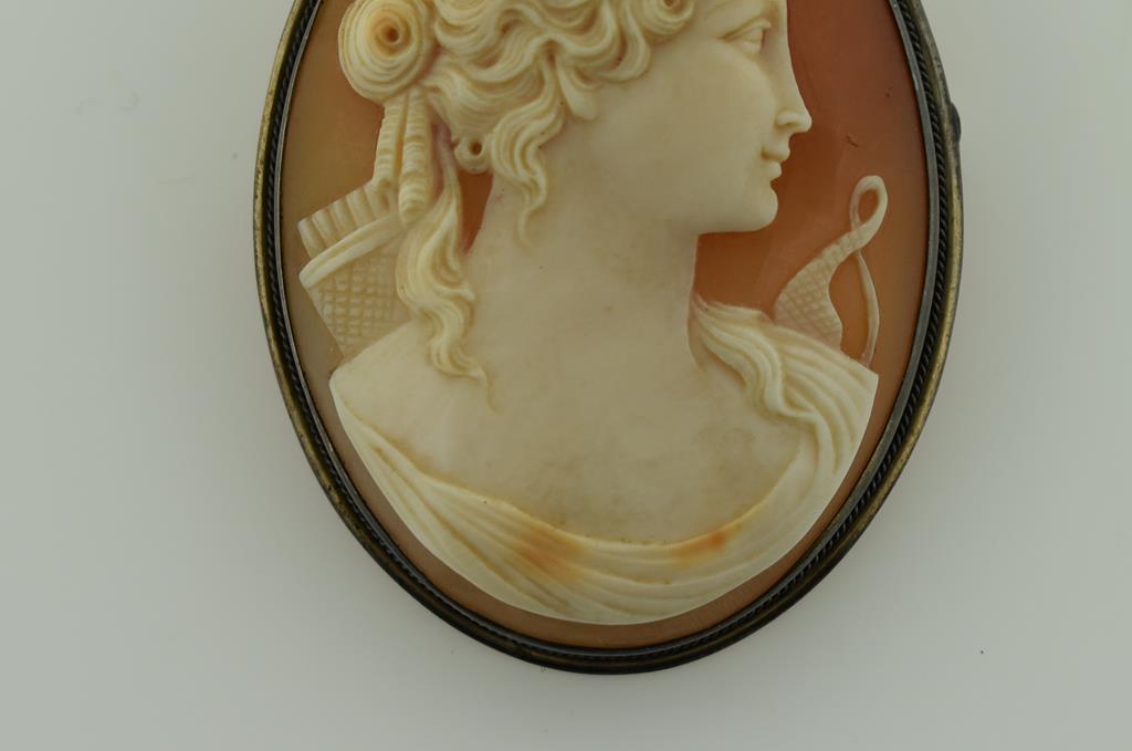 Classical Early 20th C 800 Fineness Silver Frame “Diana” Goddess Shell Cameo with Twisted Wire Borde