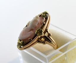 Antique Estate 10K Rose and Yellow Gold Hardstone Cameo Ring, Size 6.25