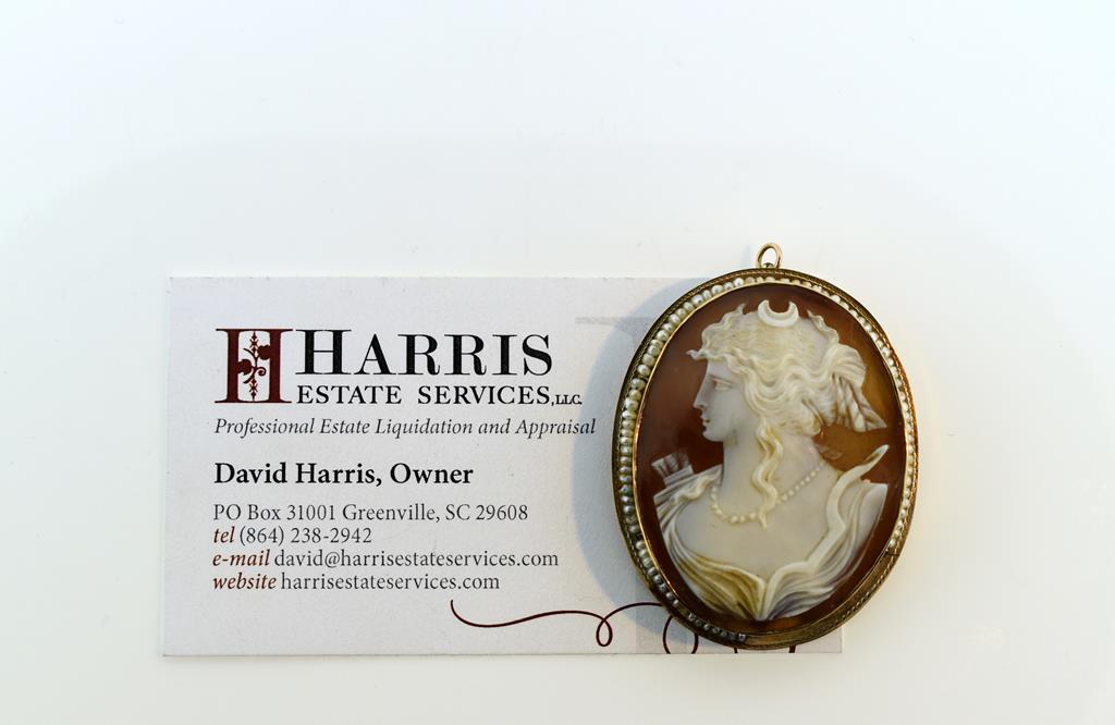 Classical 19th C 10K Gold Frame “Diana” Goddess Shell Cameo with Seed Pearl Border